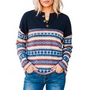 NEW SOUTHERN GRACE sedona sky aztec henley pull over sweater in navy multi